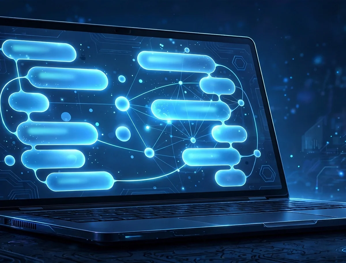 Illustration of a laptop displaying an abstract AI chat interface with glowing conversation bubbles