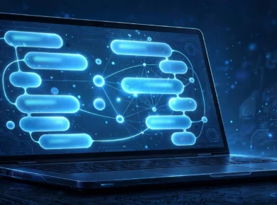 Illustration of a laptop displaying an abstract AI chat interface with glowing conversation bubbles