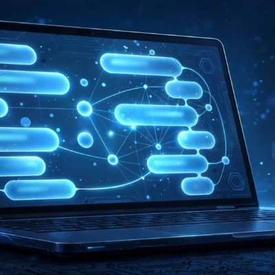 Illustration of a laptop displaying an abstract AI chat interface with glowing conversation bubbles