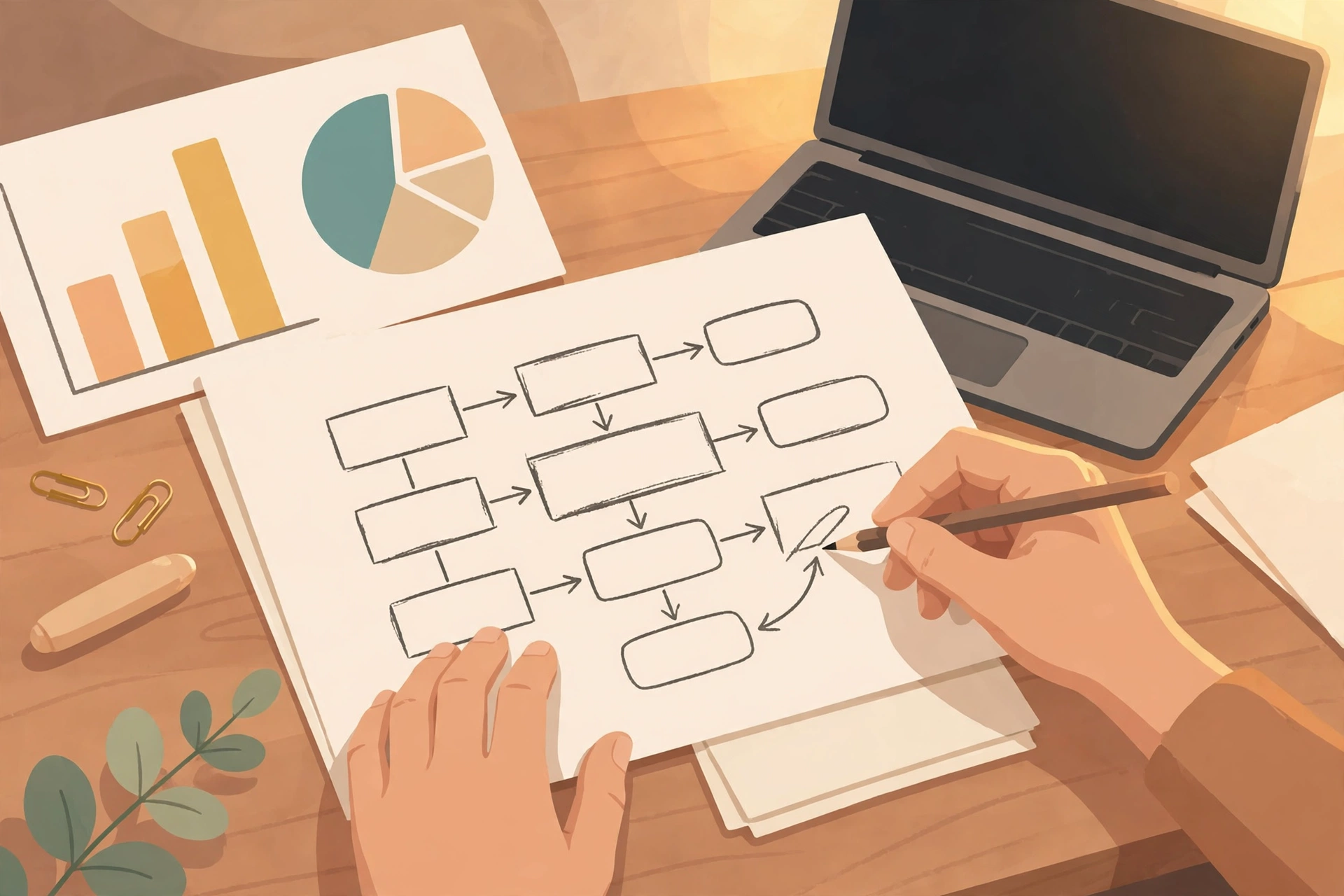 Person sketching a business plan at a desk with charts