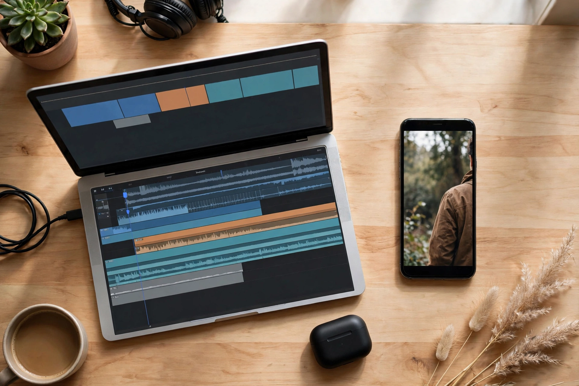 Smartphone and laptop setup for editing short videos for Instagram Reels and TikTok