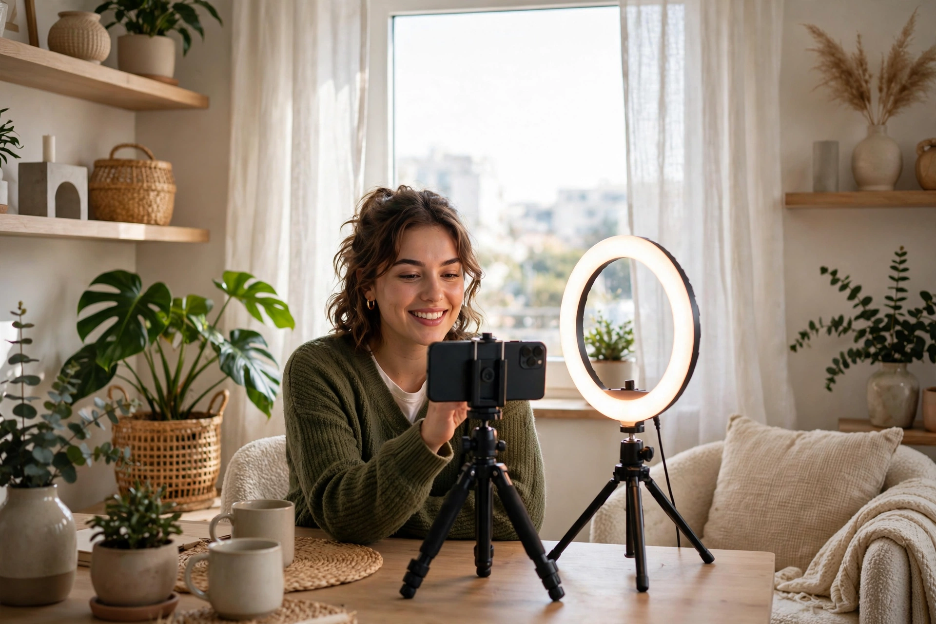 Content creator filming short videos with a smartphone on a tripod and ring light