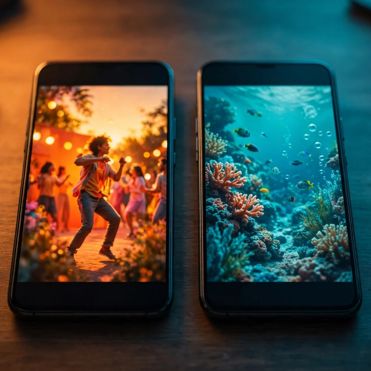 Two smartphones showing colorful short video feeds, comparing Instagram Reels and TikTok