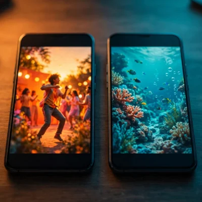 Two smartphones showing colorful short video feeds, comparing Instagram Reels and TikTok