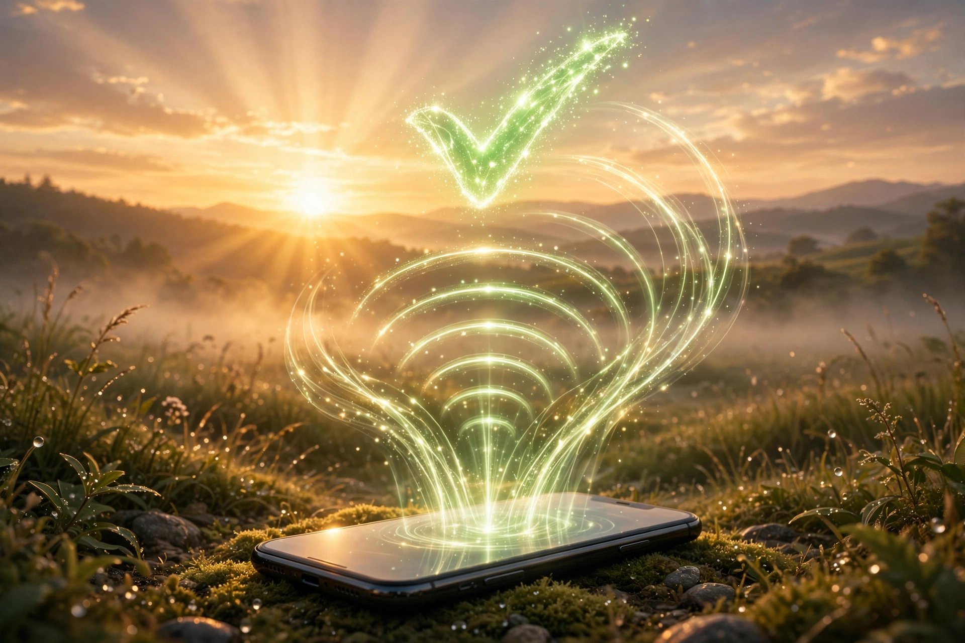 Sunrise over a smartphone with rising signal waves showing Instagram account recovery