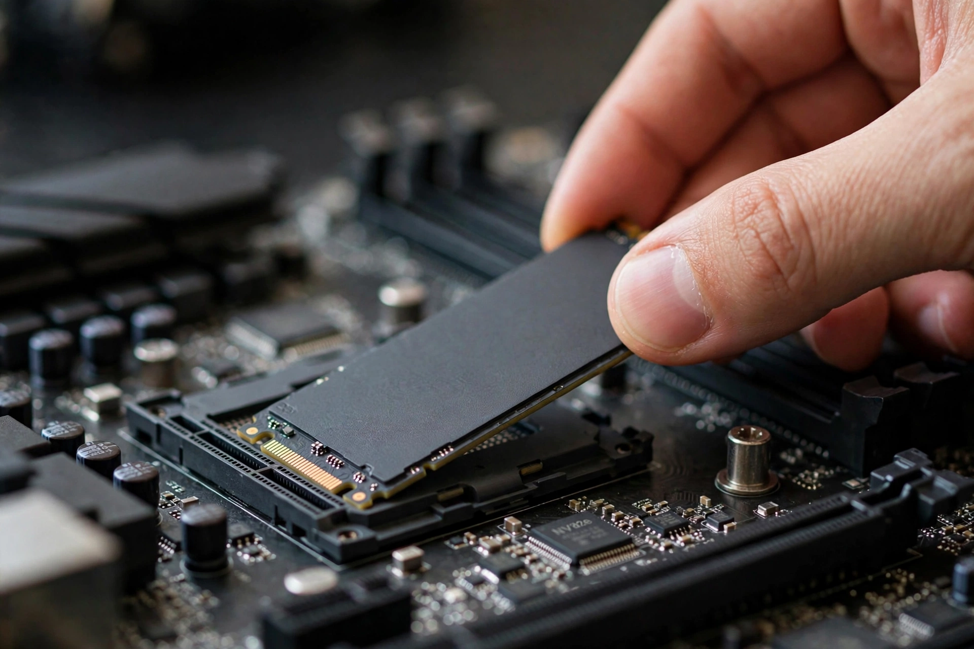 NVMe M.2 SSD being installed into a motherboard slot