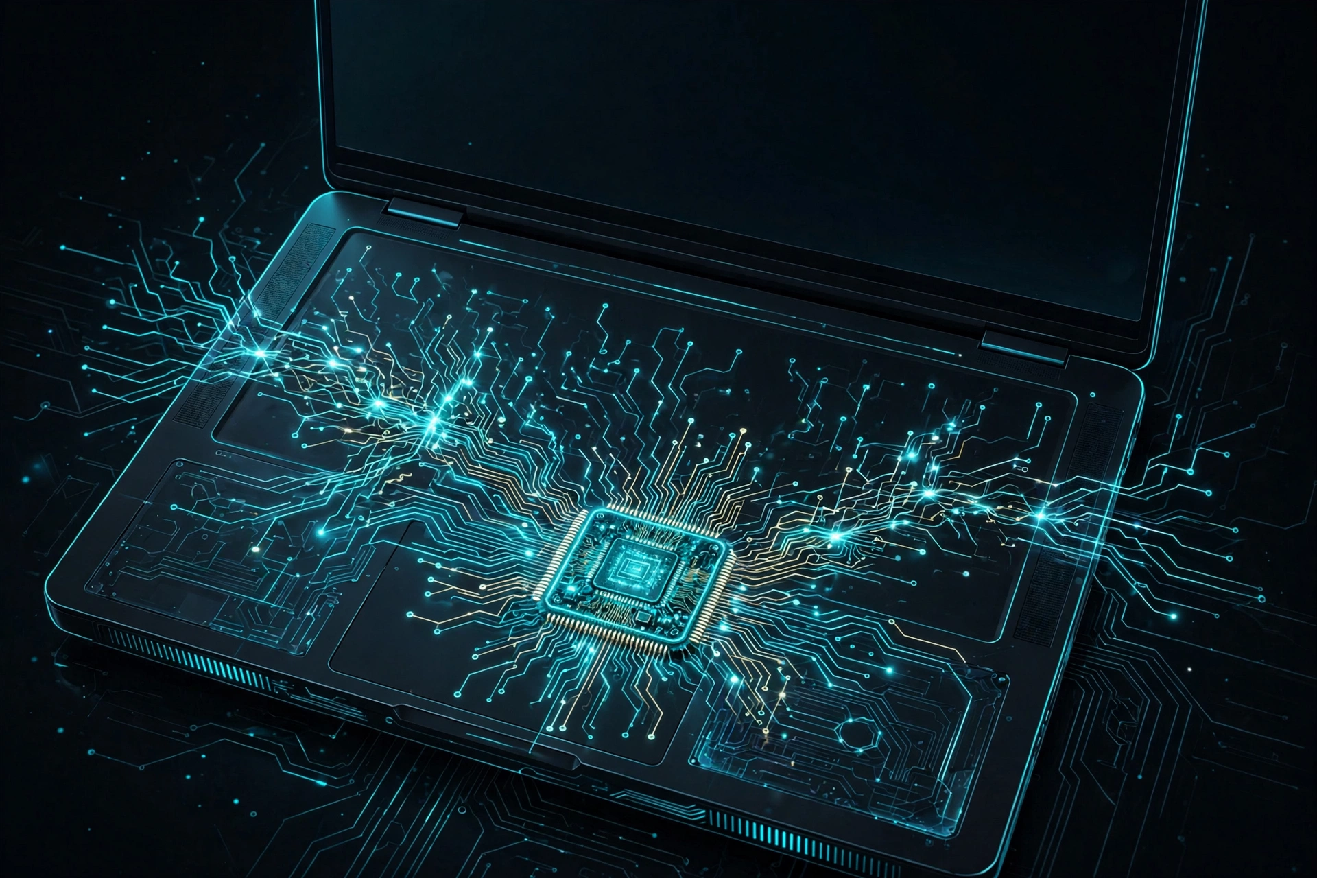 Illustration of a laptop with an AI chip and neural circuits representing local LLM hardware requirements