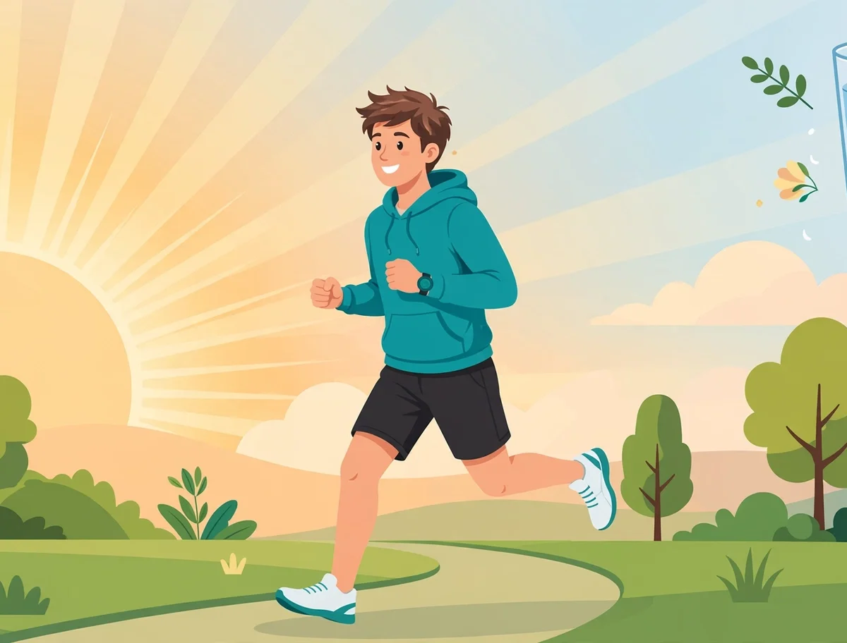 Man jogging at sunrise surrounded by vegetables, water, and sleep symbols for natural male fertility lifestyle