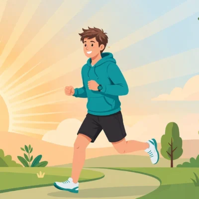 Man jogging at sunrise surrounded by vegetables, water, and sleep symbols for natural male fertility lifestyle