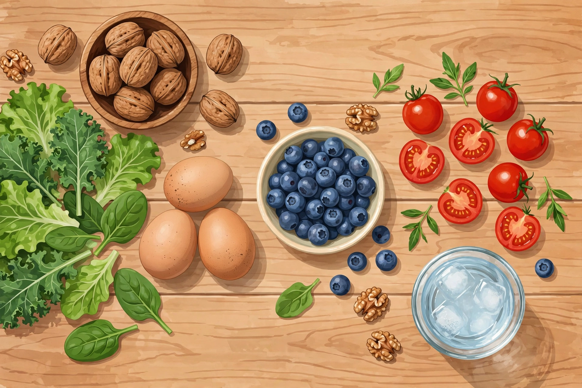 Healthy foods for male fertility: walnuts, leafy greens, berries, eggs, and vegetables on a table