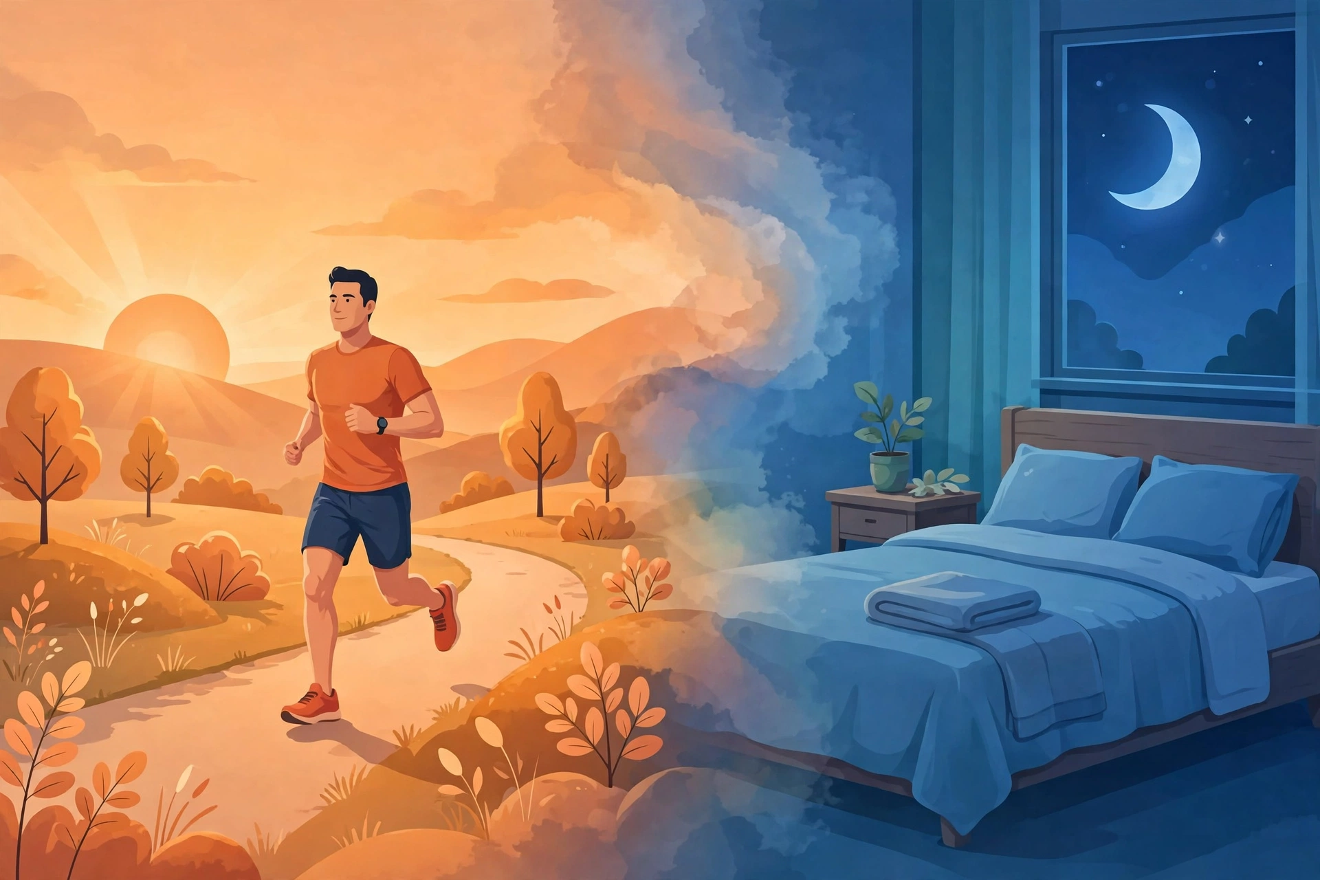 Illustration of exercise and sleep for male fertility: jogging at sunrise and a calm moonlit bedroom