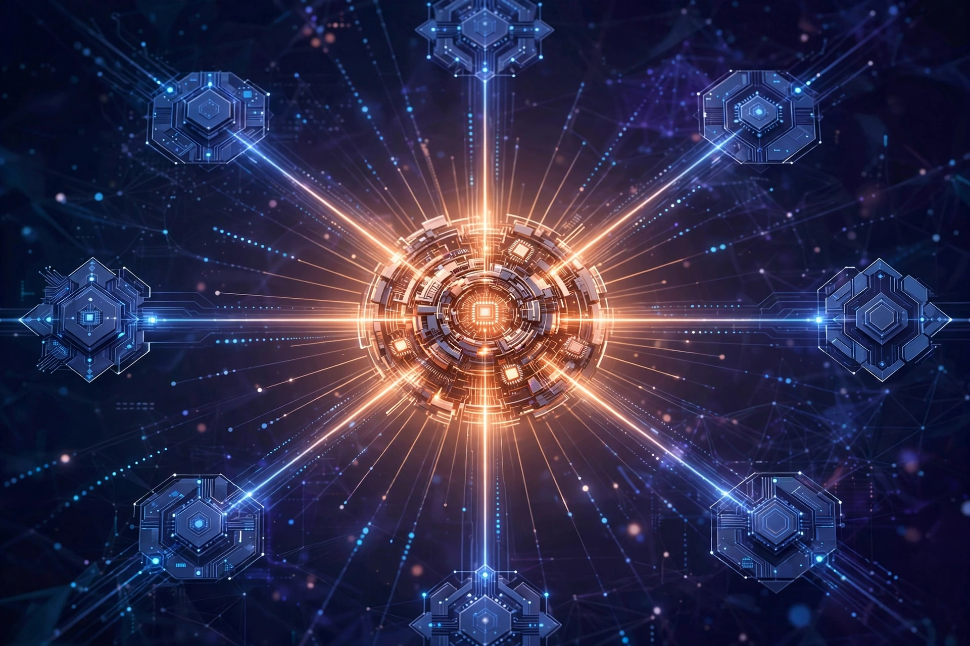 Stylized hub-and-spoke illustration of MCP host, client, and server protocol connections