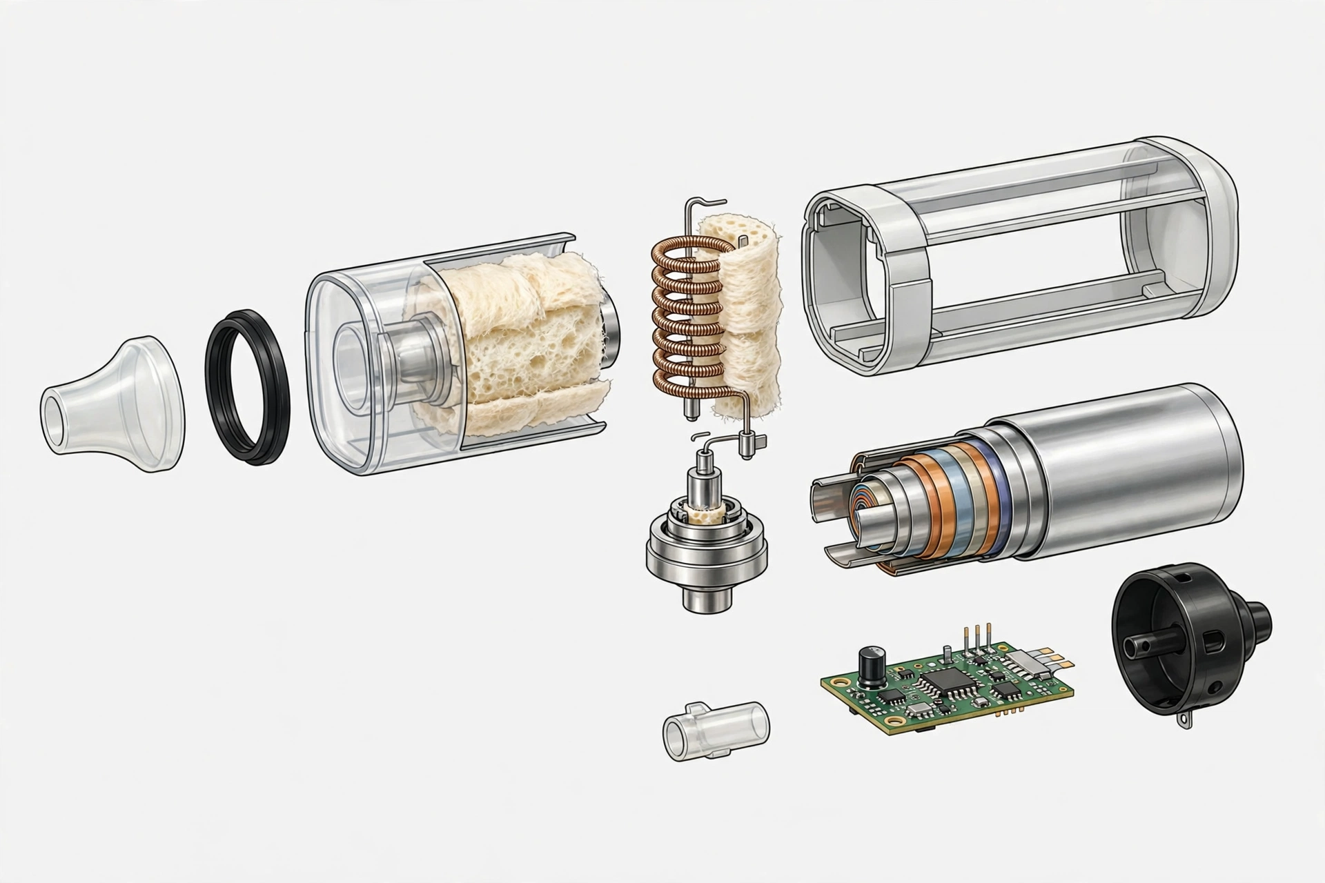 Cutaway illustration of disposable vape internal parts