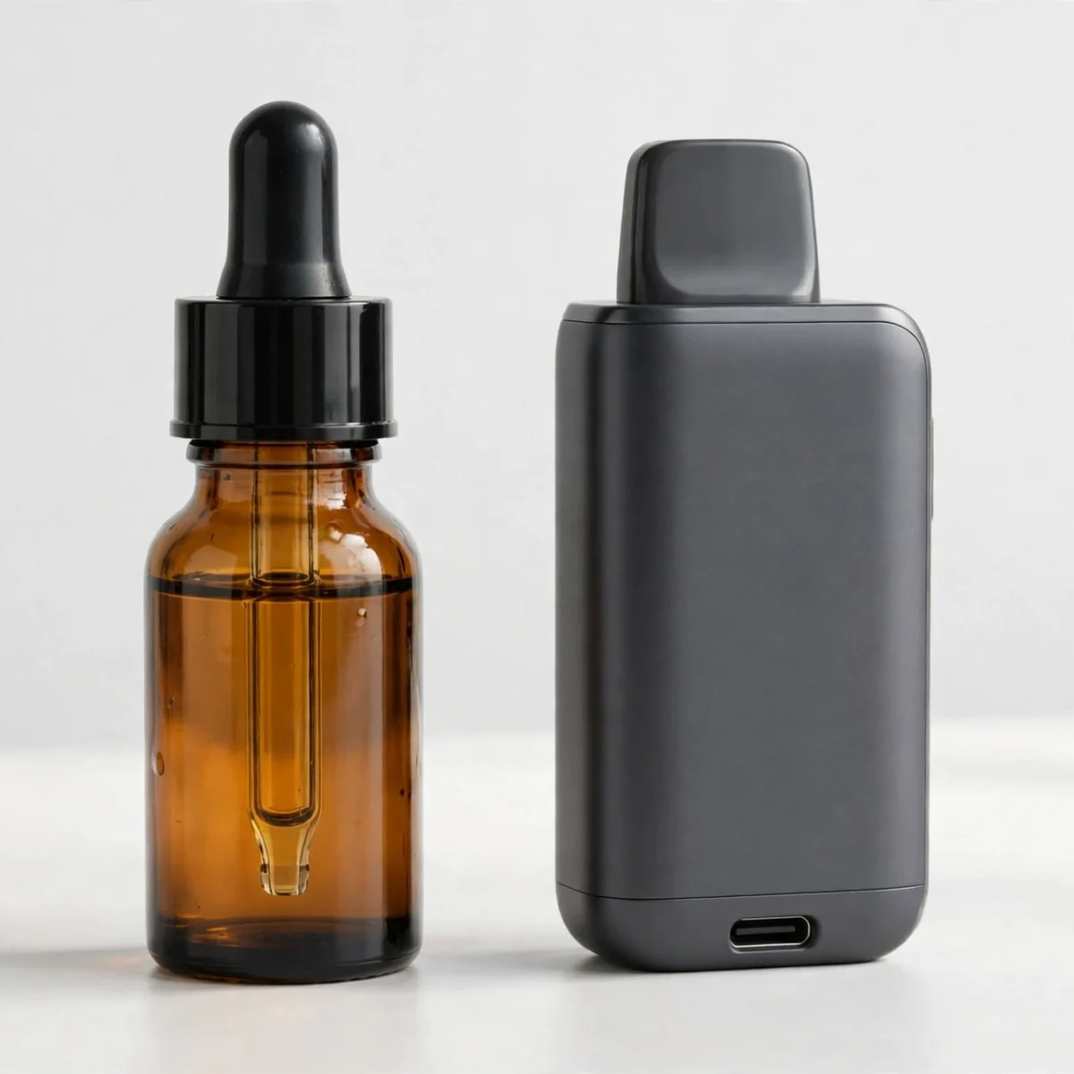 Nic salt e-liquid bottle beside a compact pod vape device