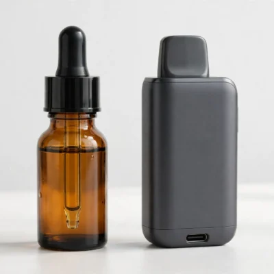 Nic salt e-liquid bottle beside a compact pod vape device