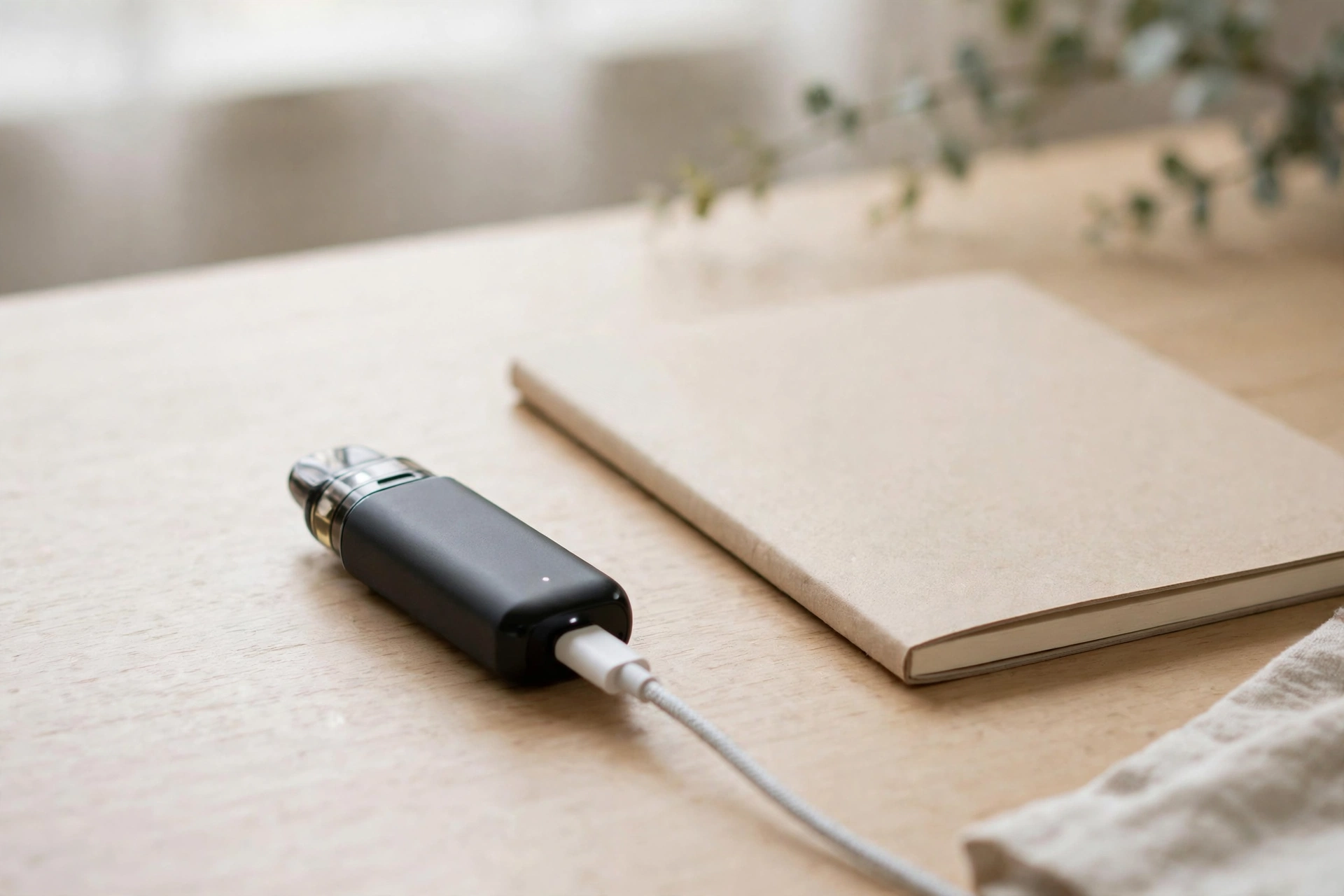 Pod vape device charging with a cable on a desk