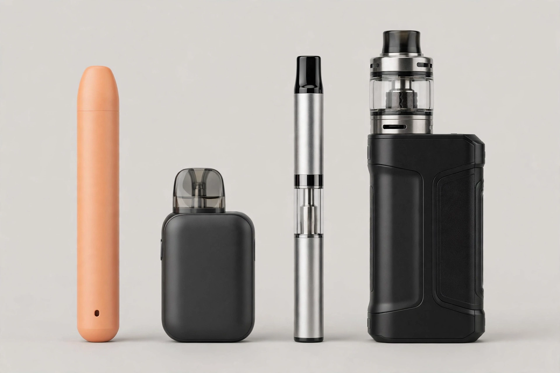 Different vape device types lined up for comparison