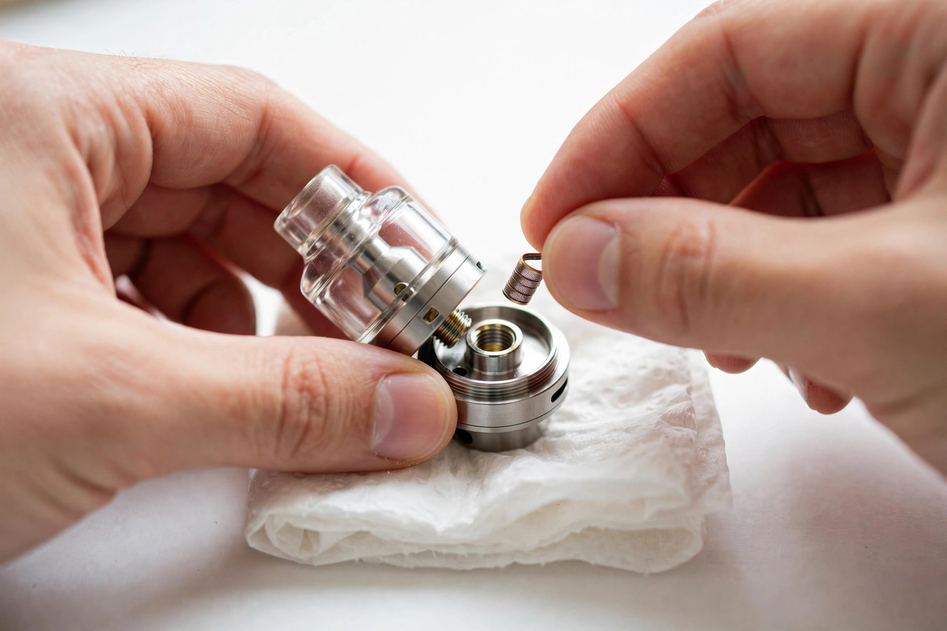 Hands installing a replacement vape coil in a tank