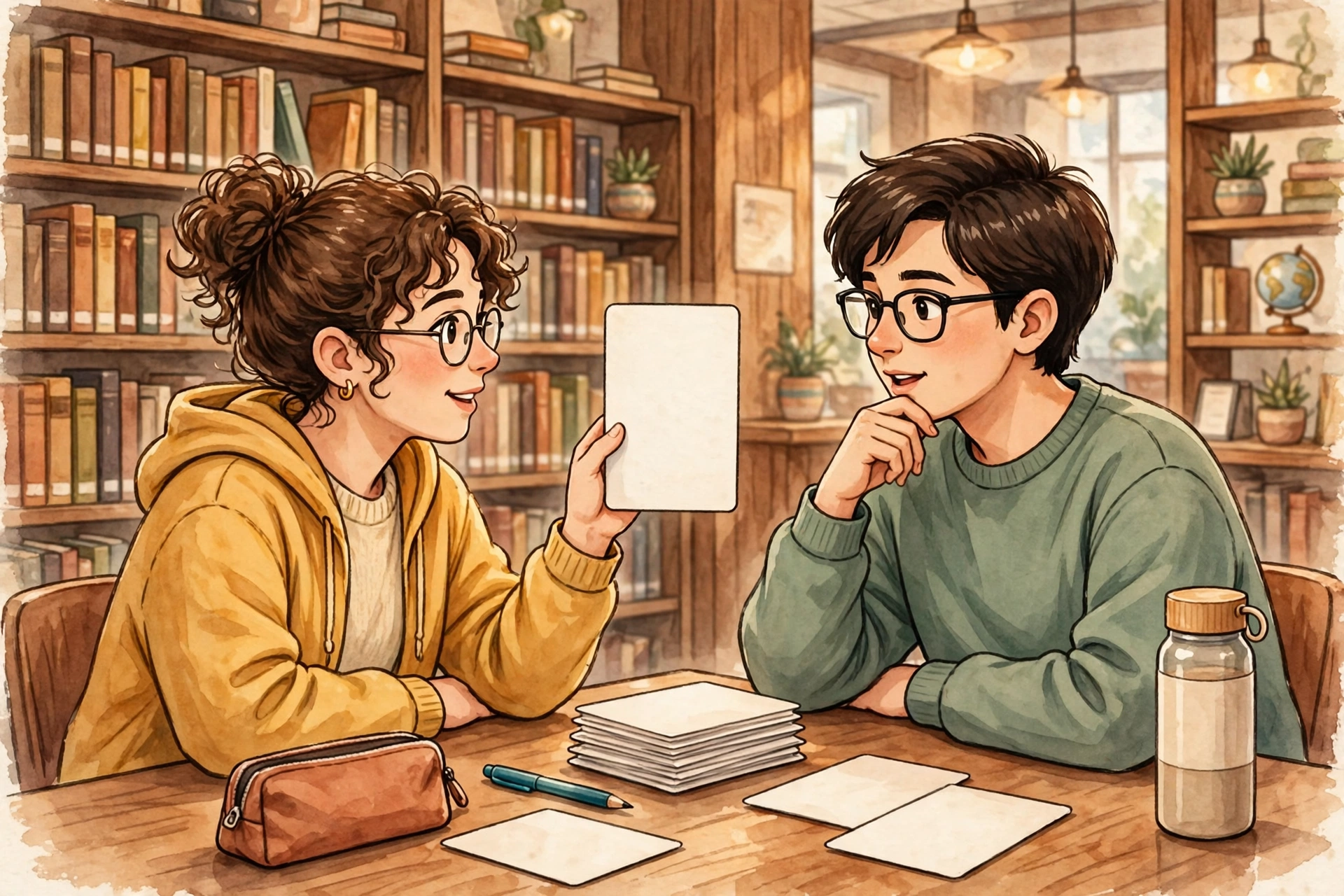 Two students practicing active recall with flashcards in a library