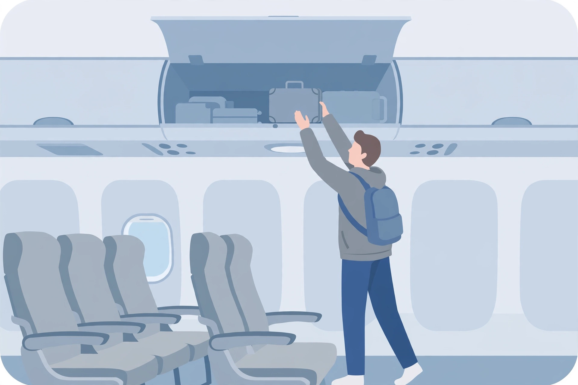 Carry-on suitcase being lifted into an airplane overhead bin