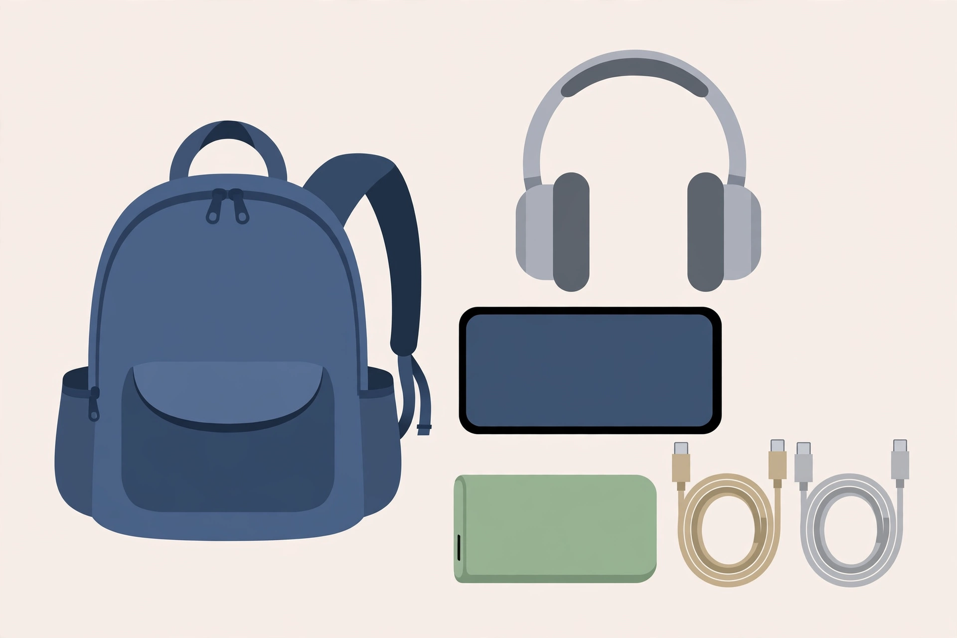 Travel tech essentials with headphones power bank and chargers in a carry-on