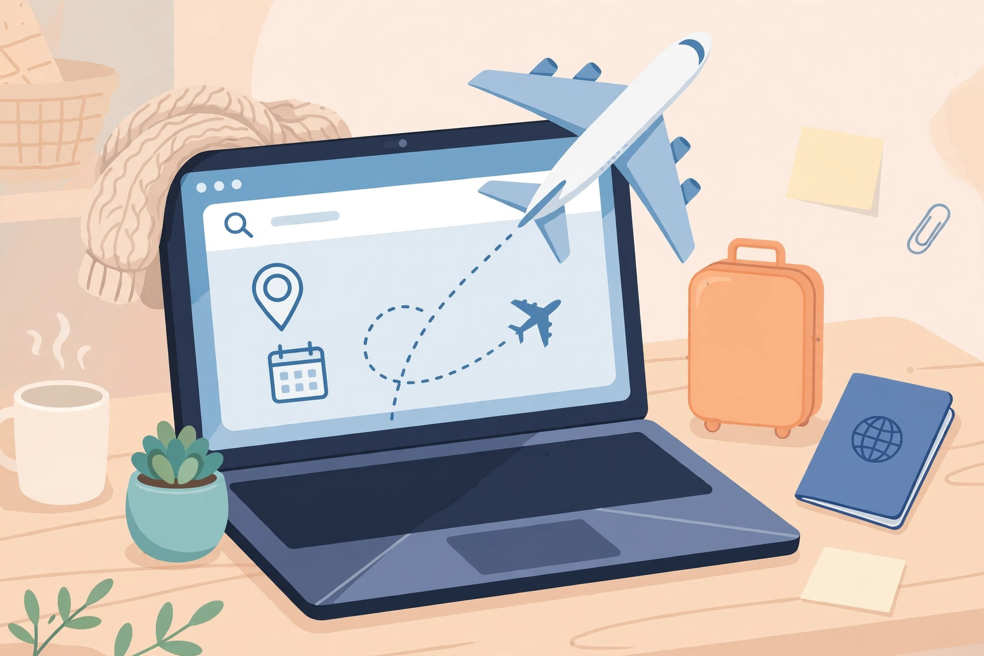 Traveler comparing cheap flight prices on a laptop with an airplane window view