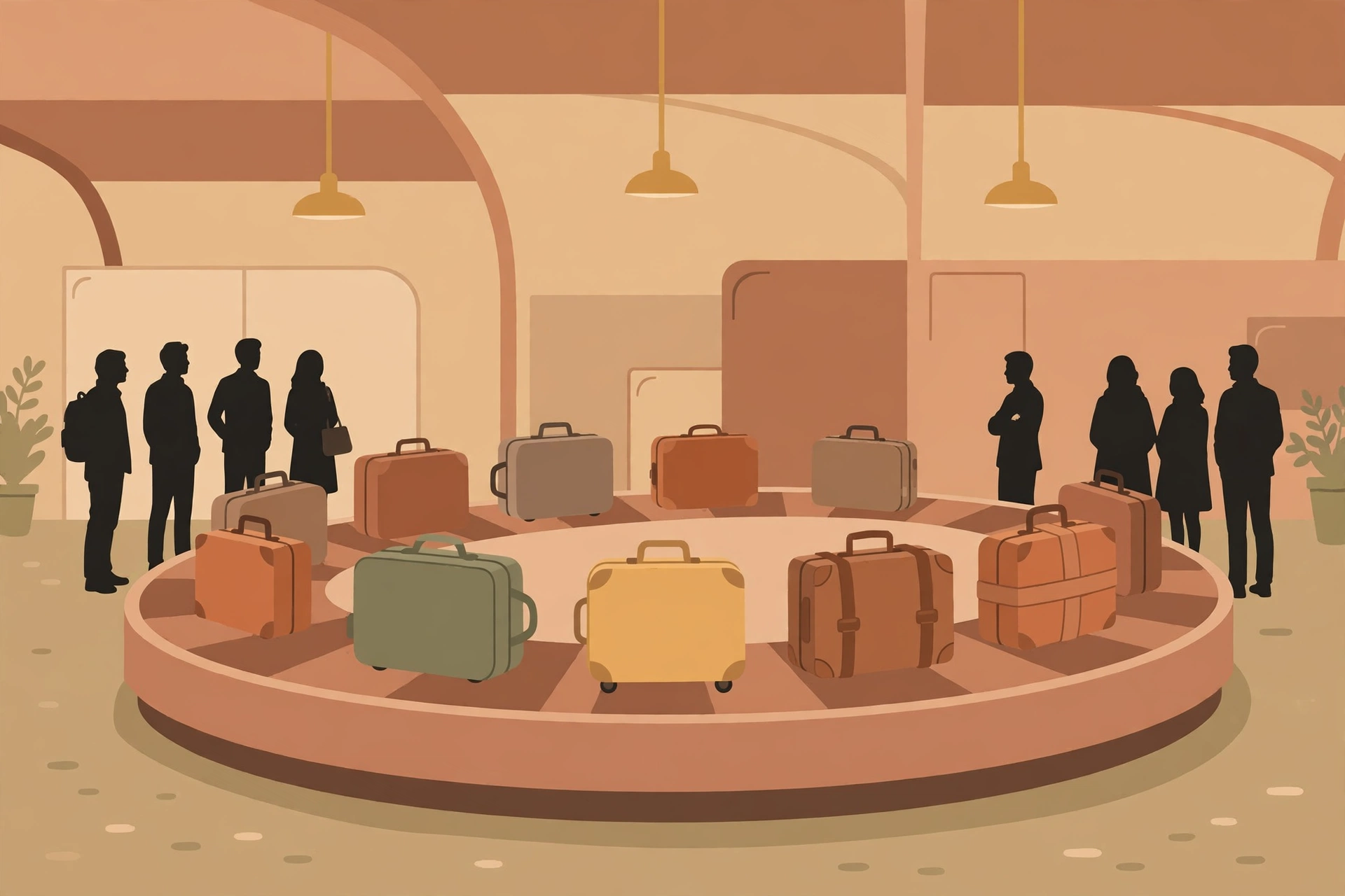 Checked suitcases moving on an airport baggage carousel