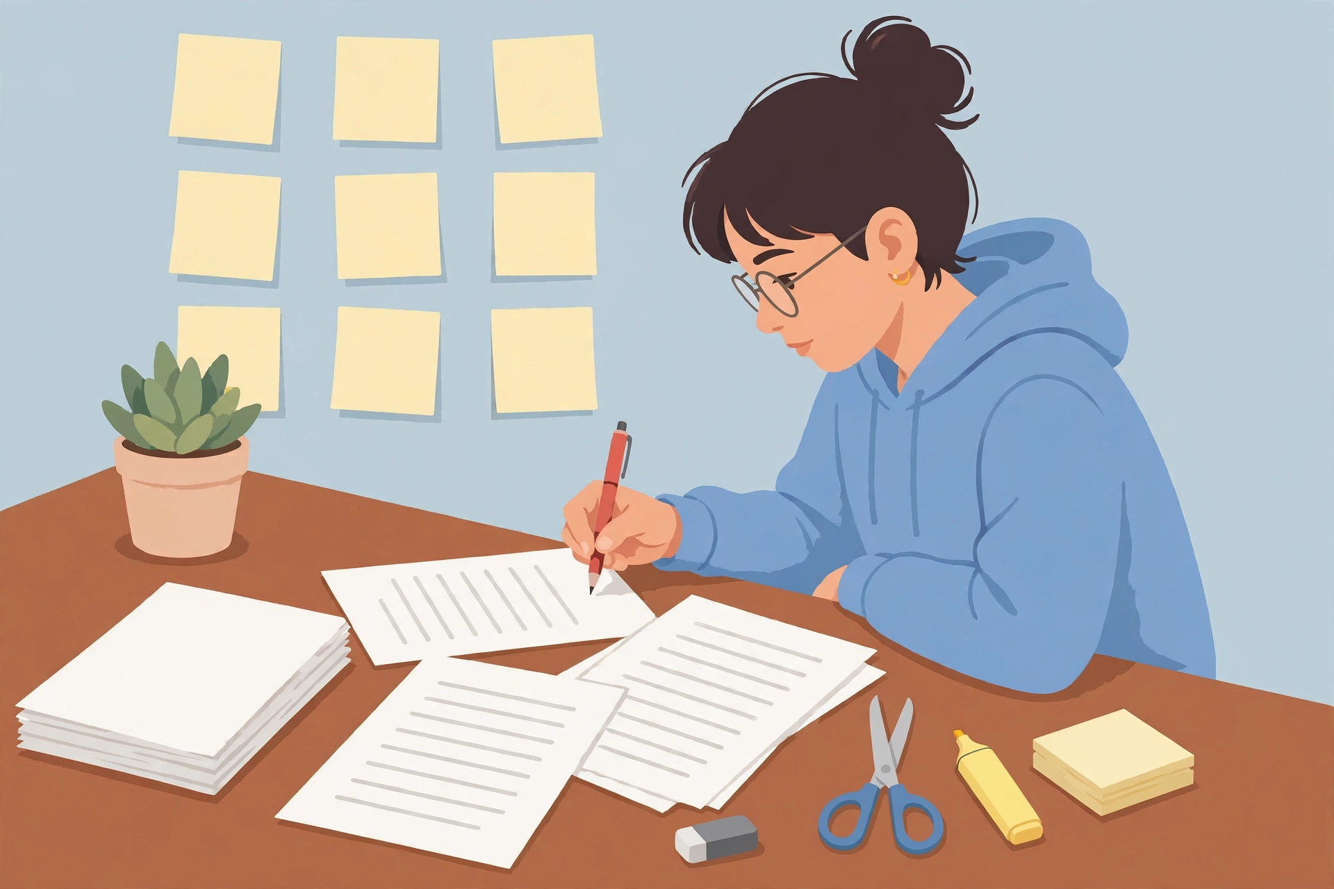 Student editing and proofreading college essay drafts with a red pen