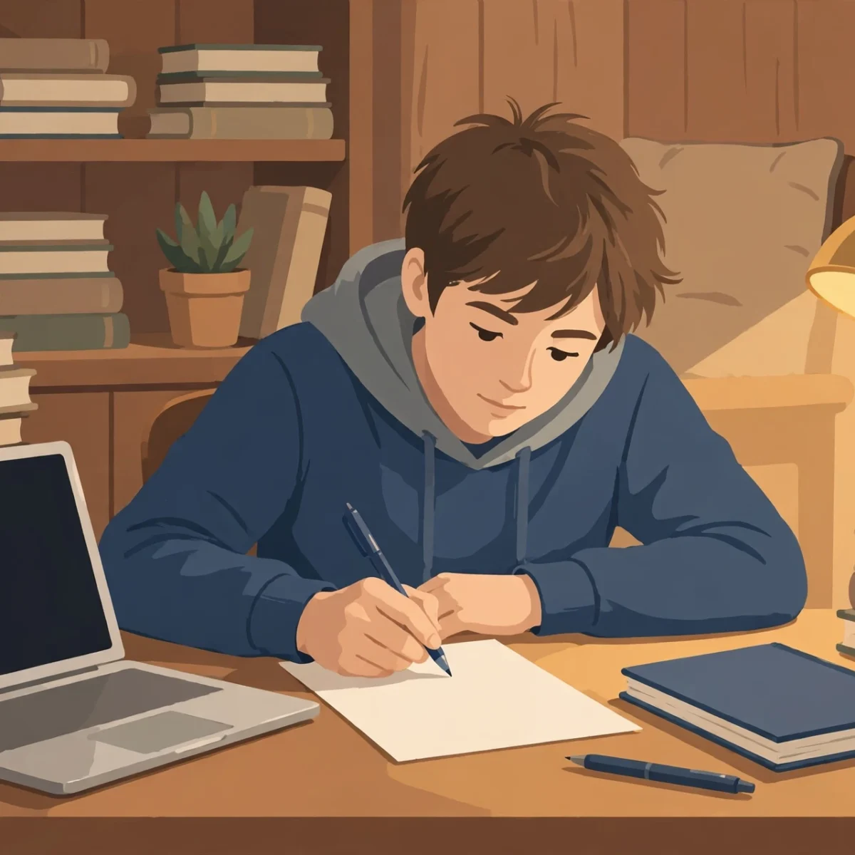 Student writing a college application essay at a desk