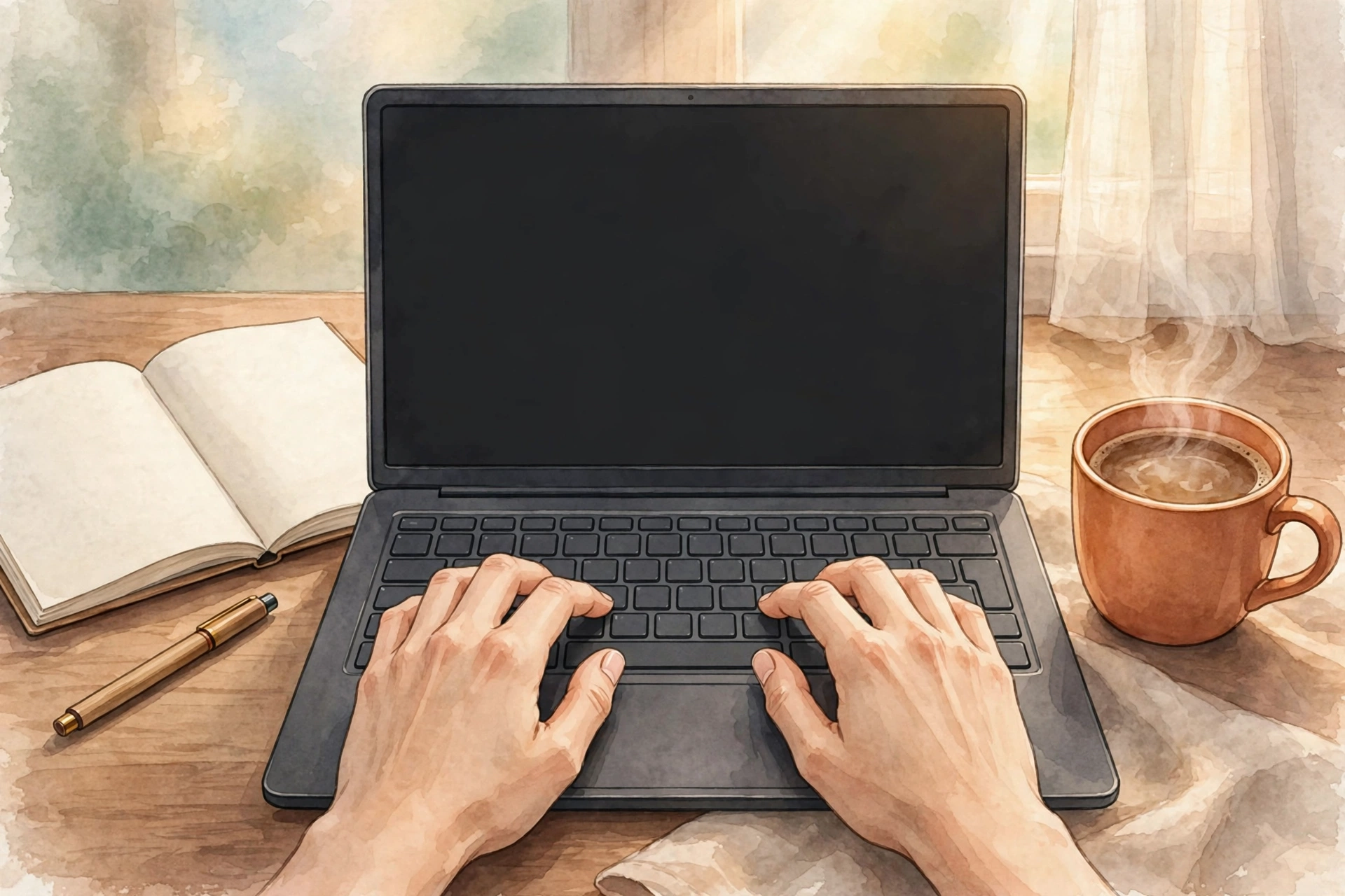 Student typing a college application essay on a laptop at a study desk