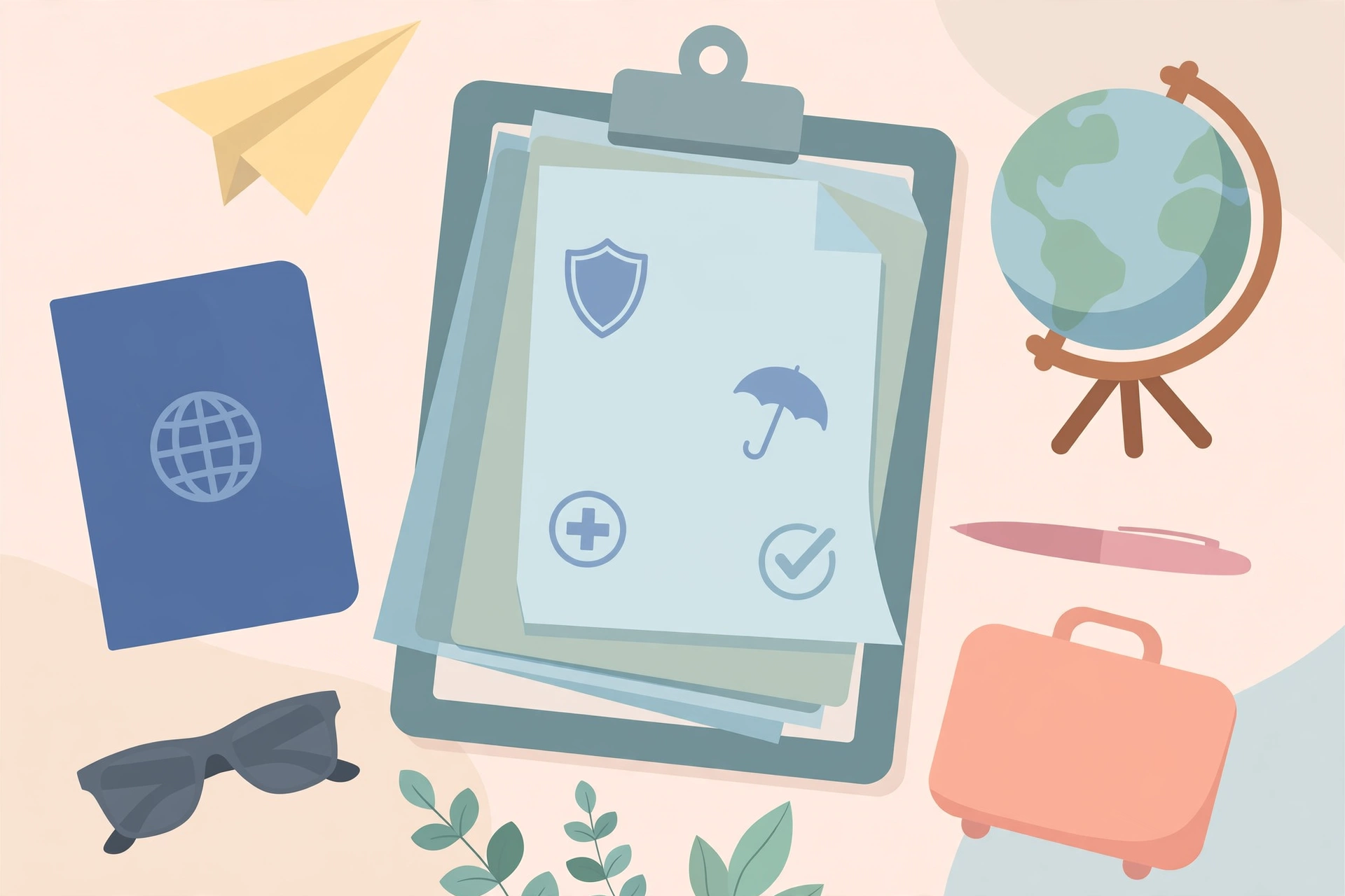 Traveler reviewing travel insurance documents with a suitcase before a trip