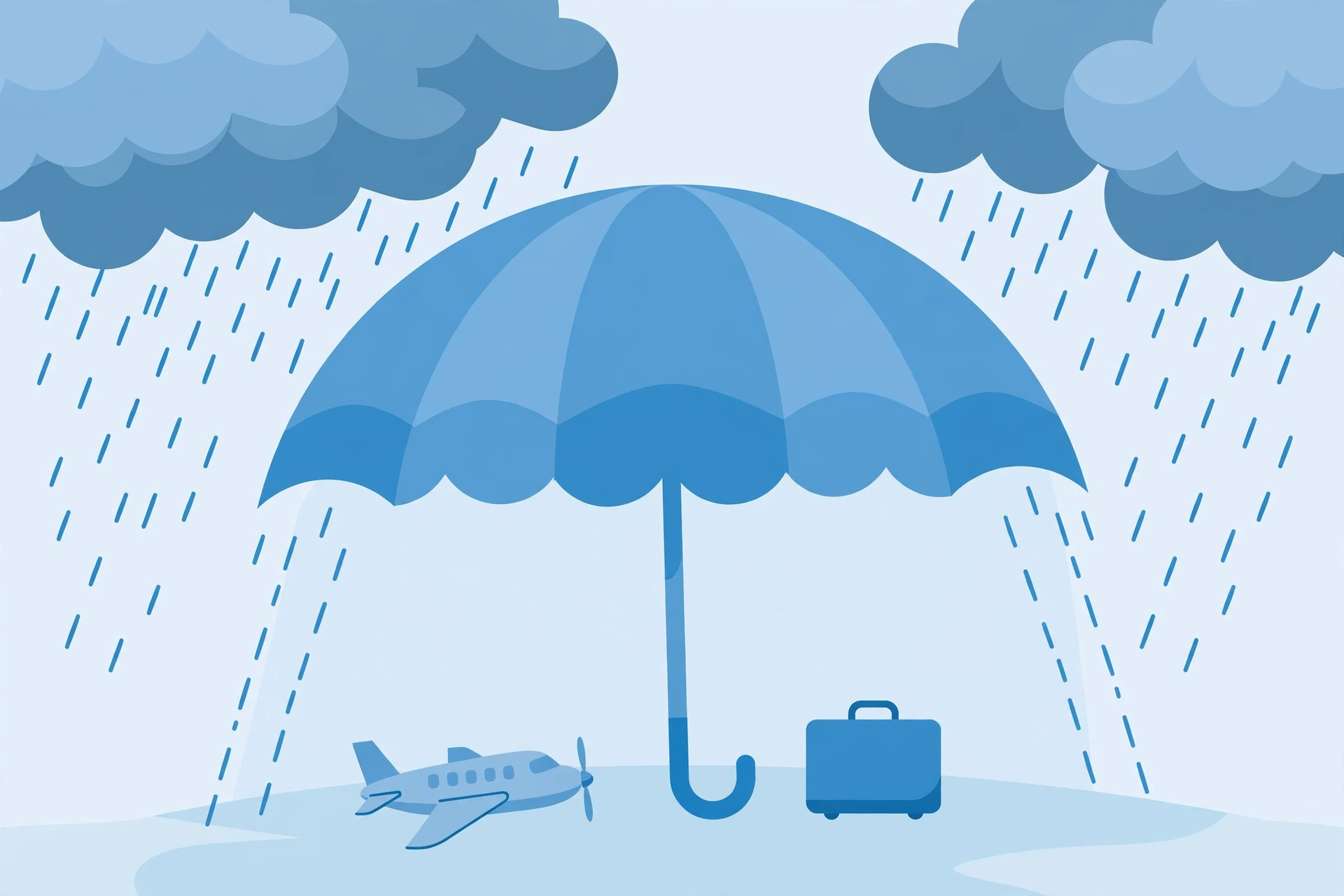 Umbrella shielding a traveler with luggage symbolizing travel insurance protection