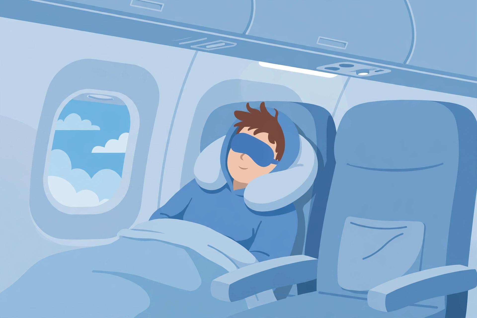 Airplane passenger sleeping comfortably with eye mask and neck pillow