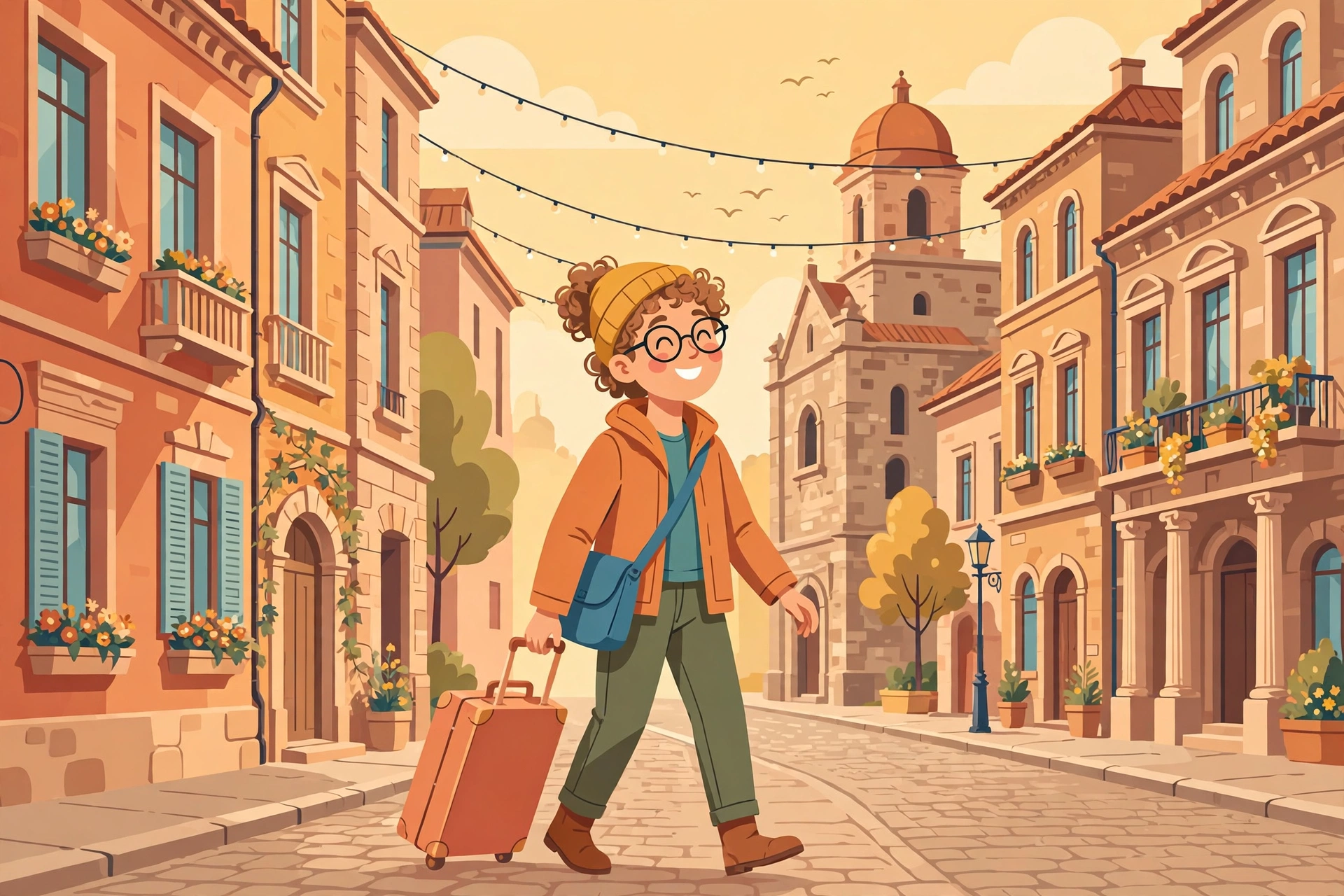 Happy traveler exploring a new city during a flight stopover