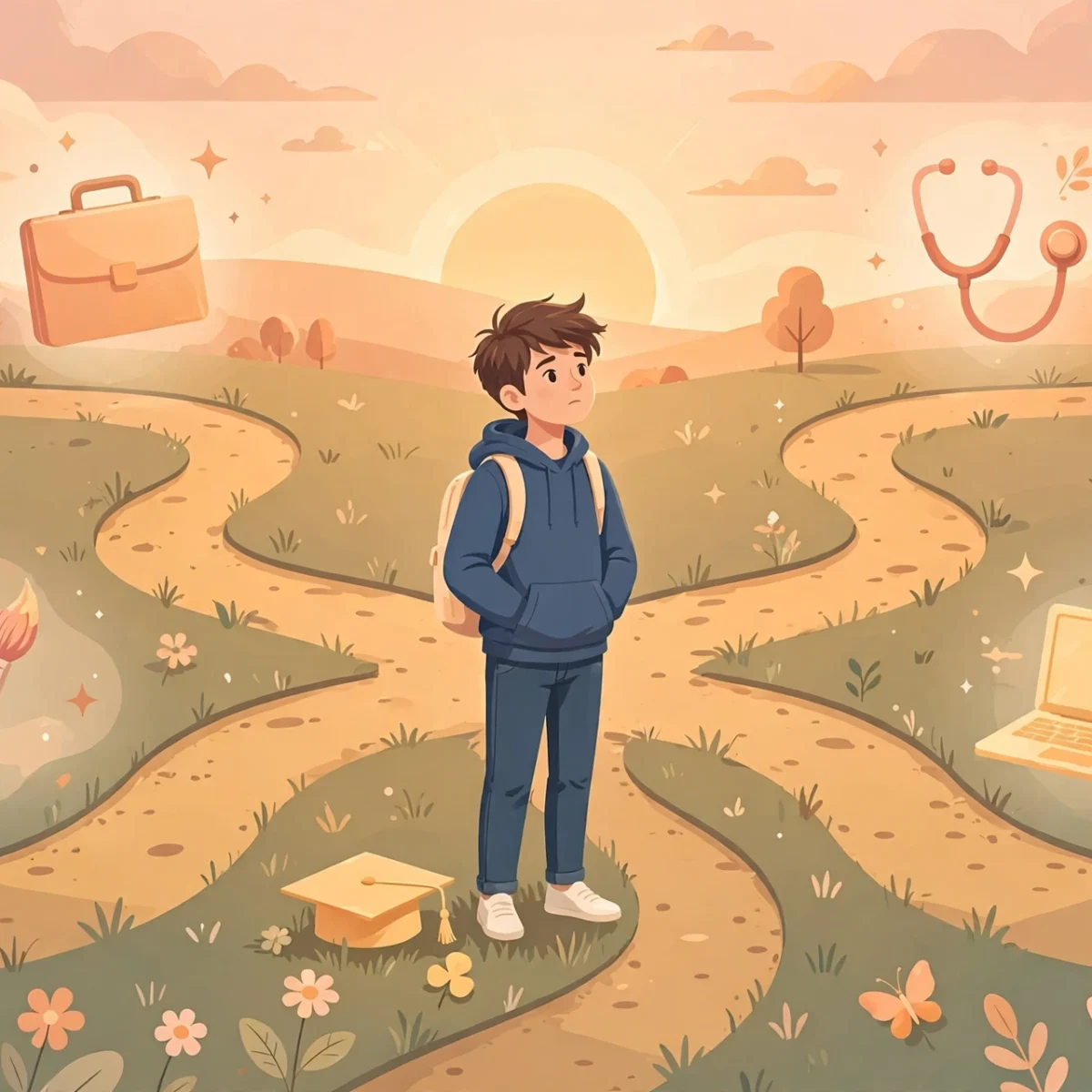 Student choosing a college major at a crossroads of career paths