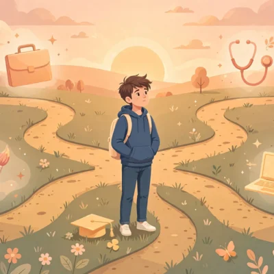 Student choosing a college major at a crossroads of career paths