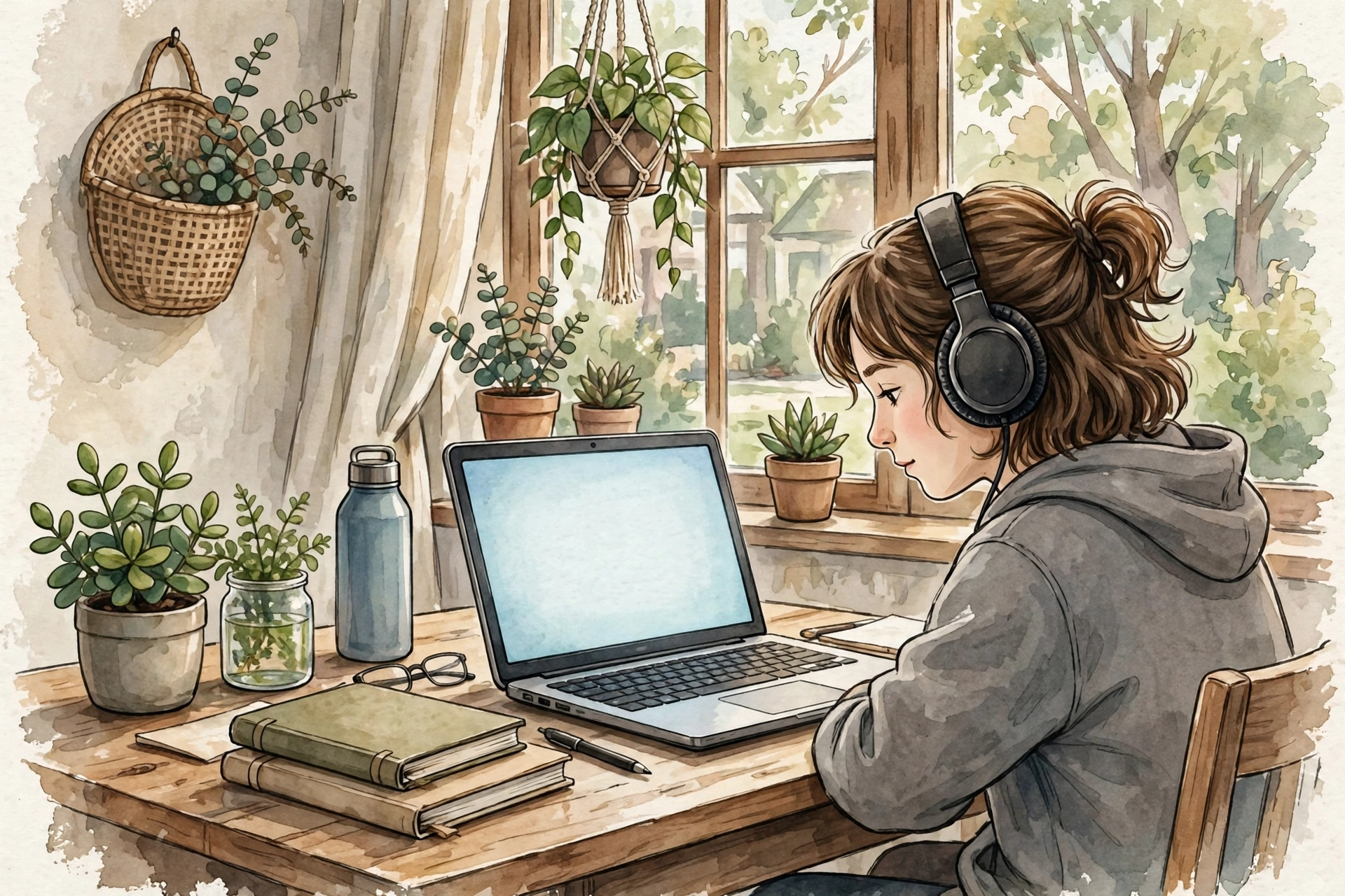 Student learning online at home with a laptop and headphones