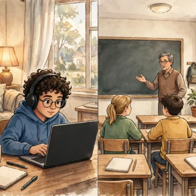 Split illustration comparing online learning and traditional classroom