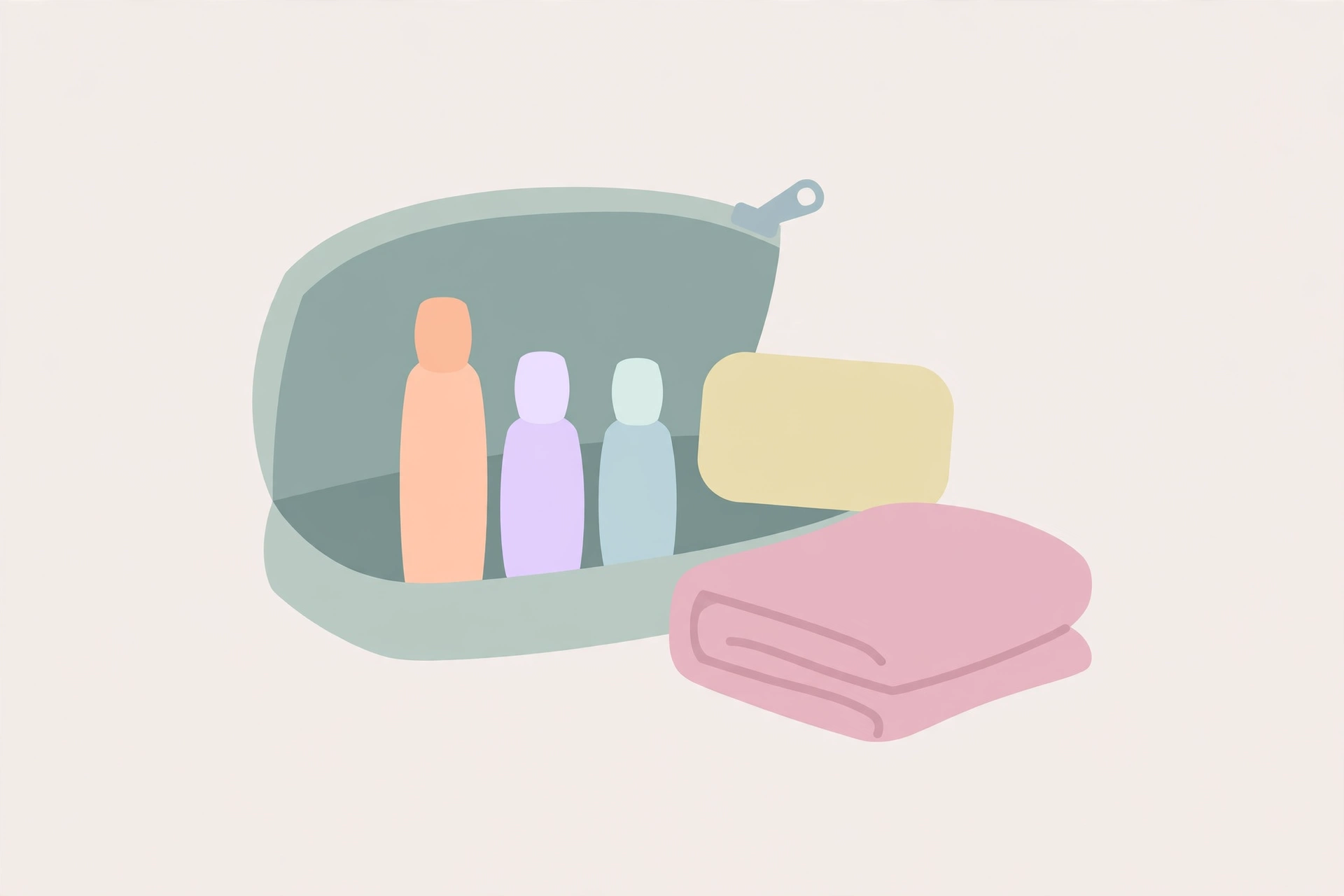 Minimalist travel toiletry kit with small bottles and solid bar soap