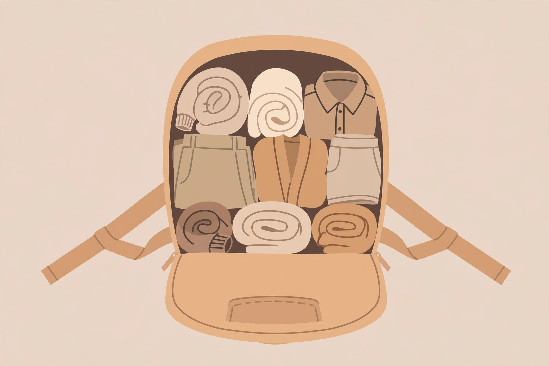 Minimalist travel wardrobe with rolled clothes organized in a small backpack