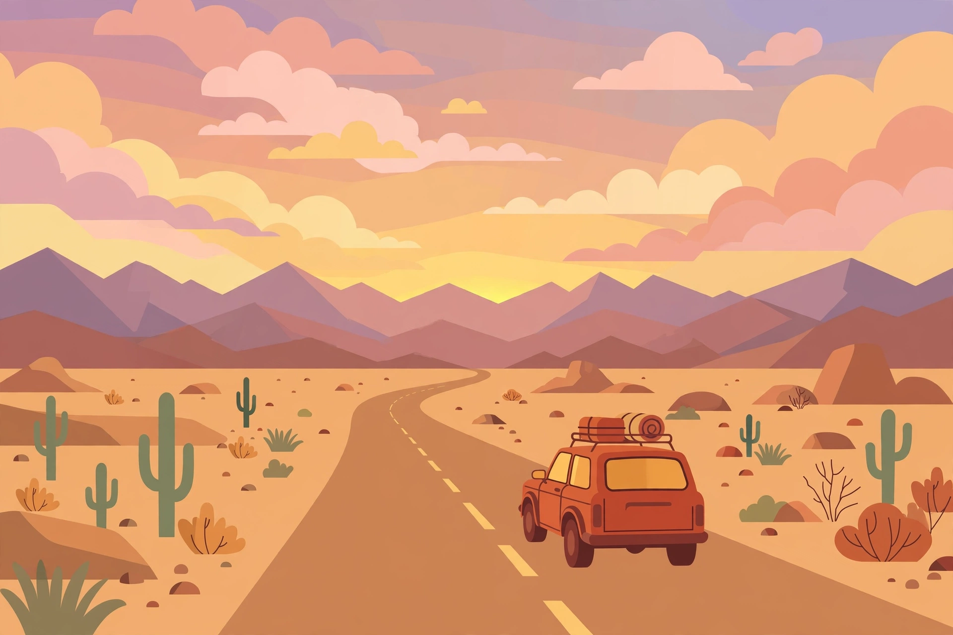 Car driving on a scenic highway through mountains for a budget road trip