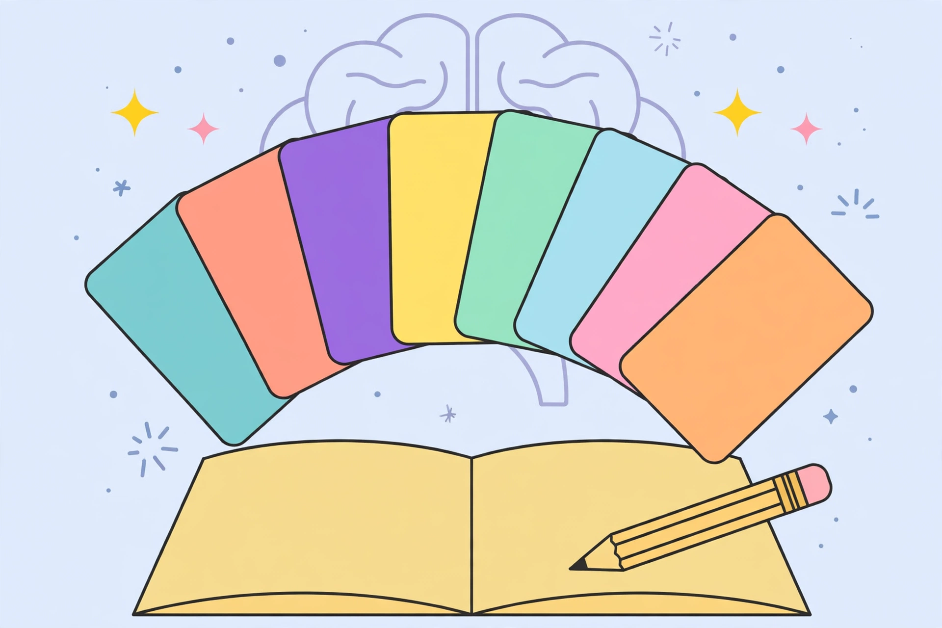 Colorful flashcards fanned out above a notebook for spaced repetition studying