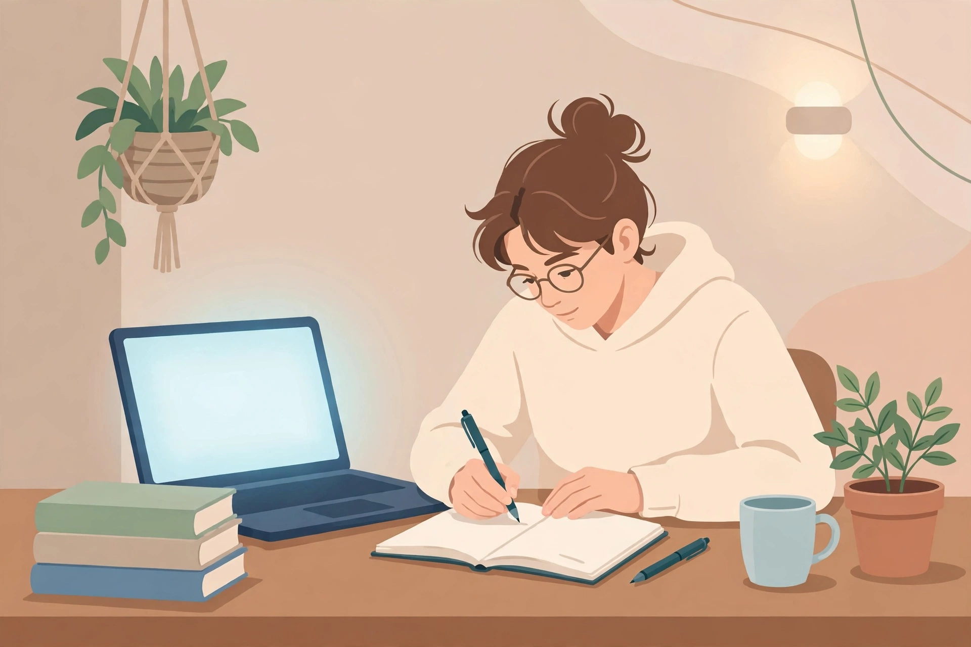 Student writing notes in a notebook beside a laptop with a glowing screen