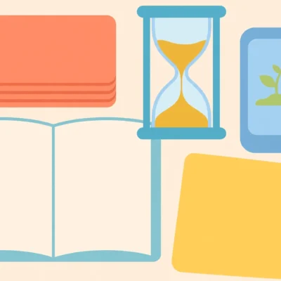 Flat illustration of free study app tools: flashcards, timer, notebook, planner and phone