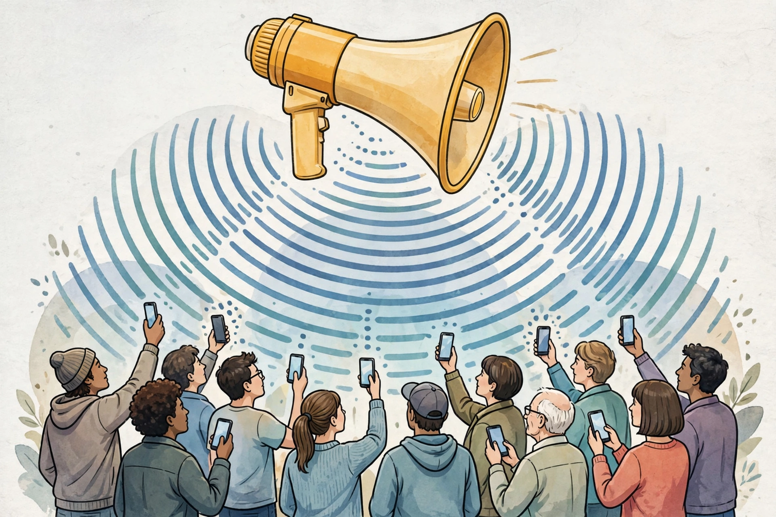 Social media reach illustrated as a broadcast to phone users