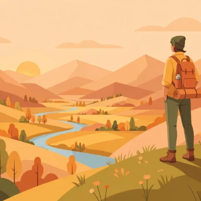 Solo travel tips for beginners with a confident traveler overlooking a valley