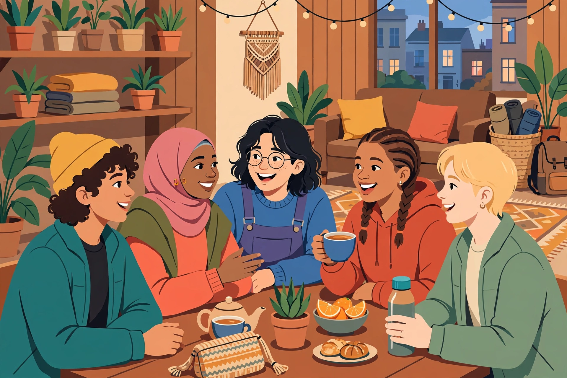 Group of happy solo travelers meeting and talking at a hostel