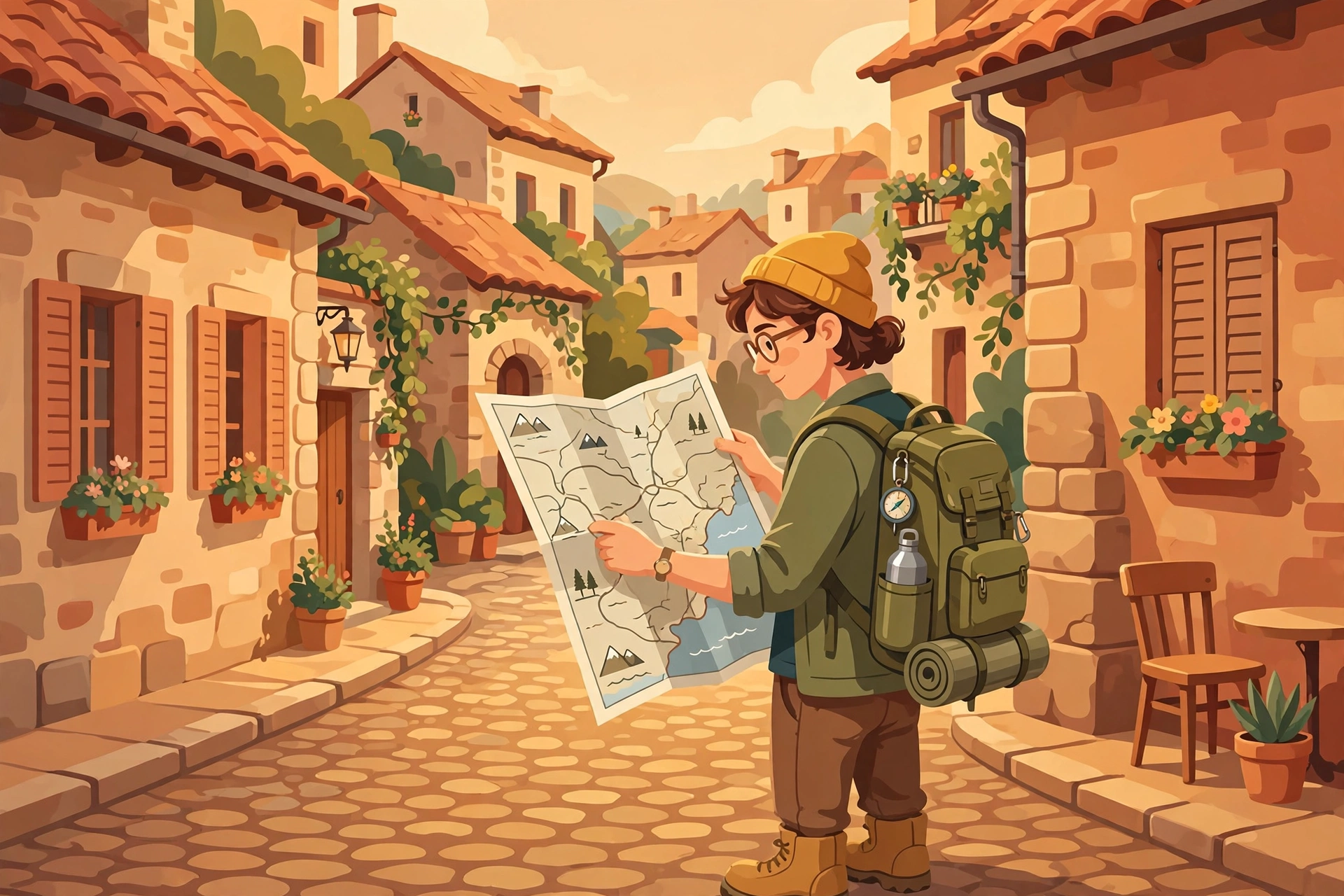 Solo traveler with backpack looking at a map in a new city