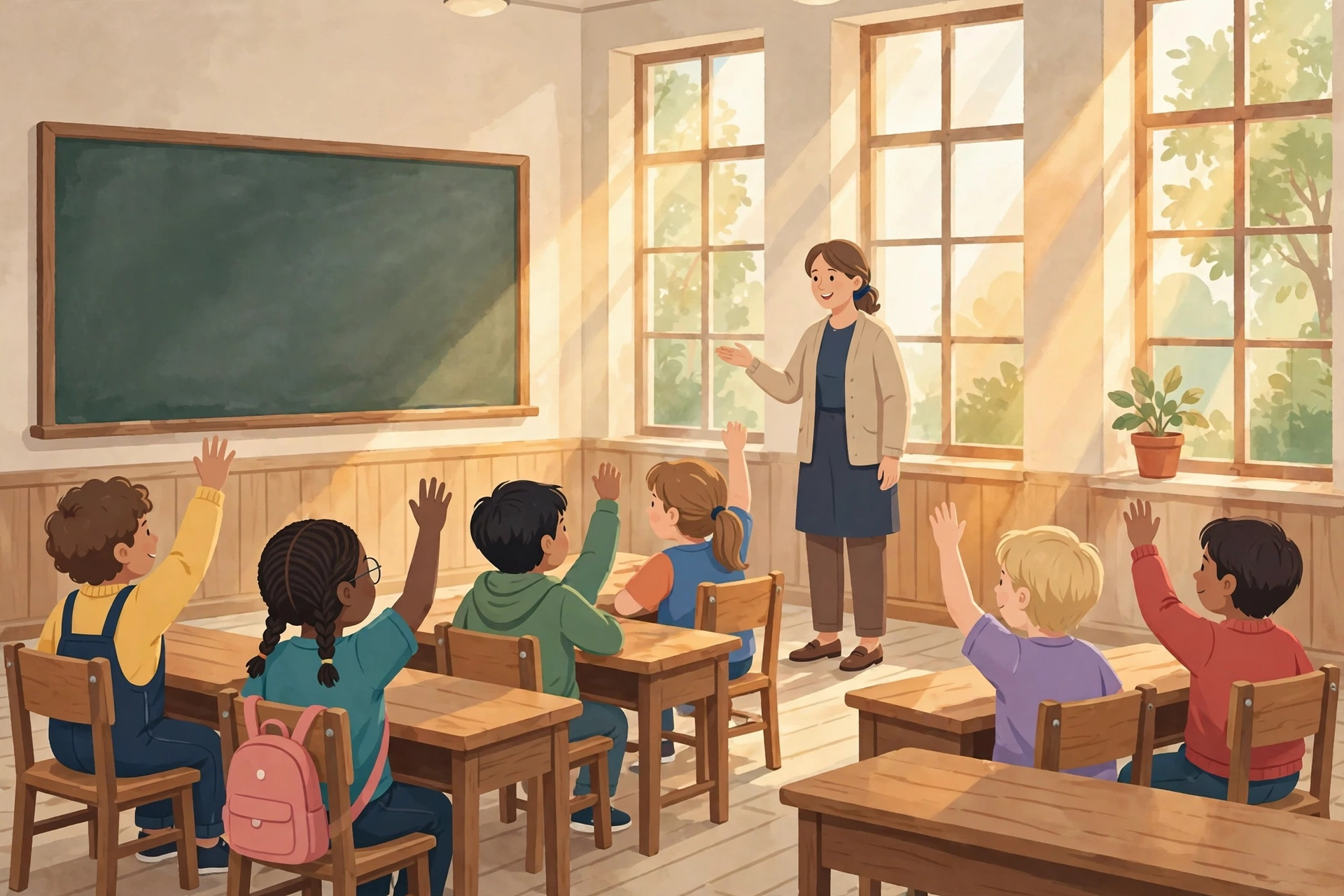 Students learning in a traditional classroom with a teacher