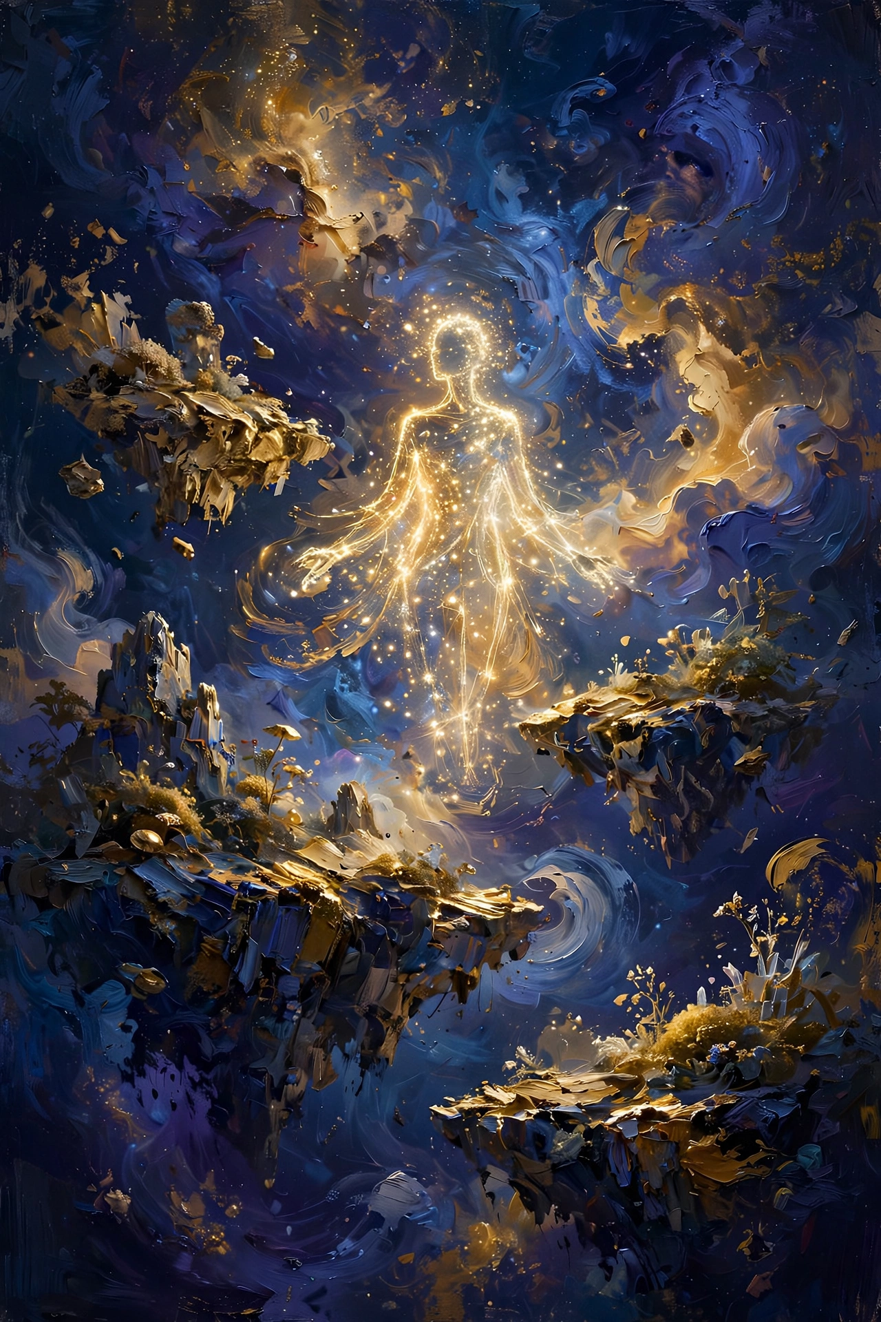 Dreamy painterly abstract illustration in Midjourney AI art style with a surreal landscape